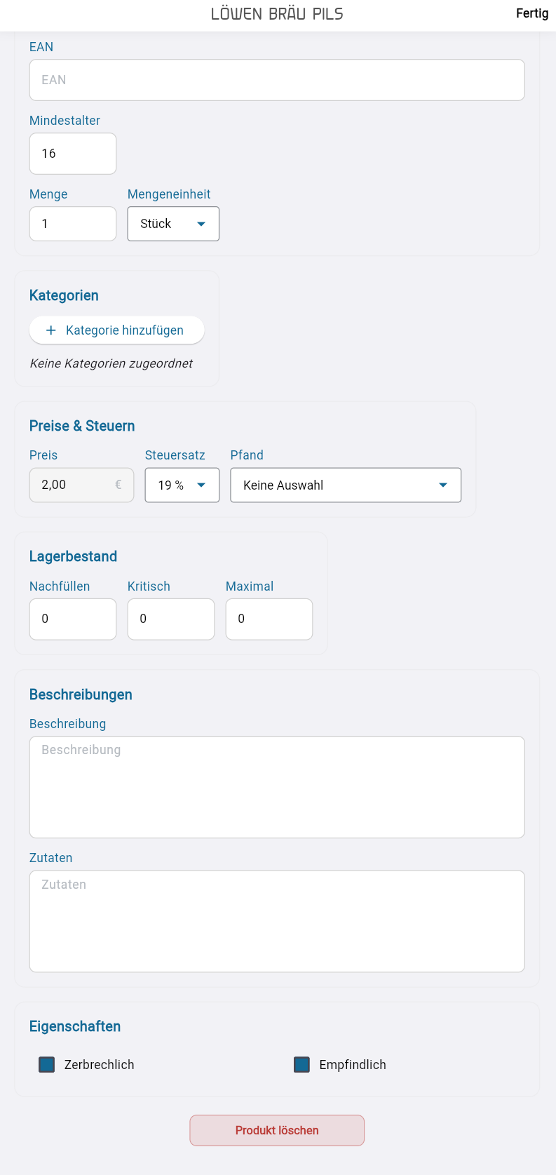 Preis, Steuersatz und Pfand im Bearbeitungsblatt